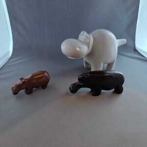 Hippo Family Decor Set – Resin or Cement + Hand Carved Wood – 3 Piece Lot